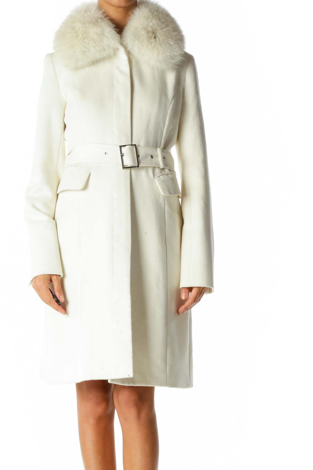 White Fur Collar Buttoned Belted Coat Front