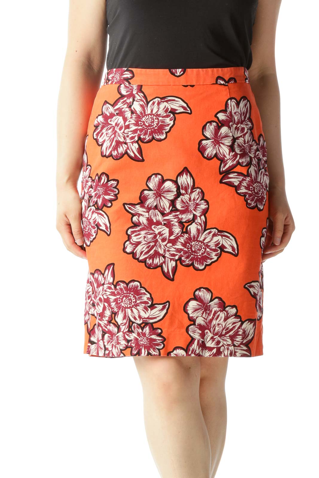 Orange Burgundy White Floral Print Textured A-Line Skirt Front
