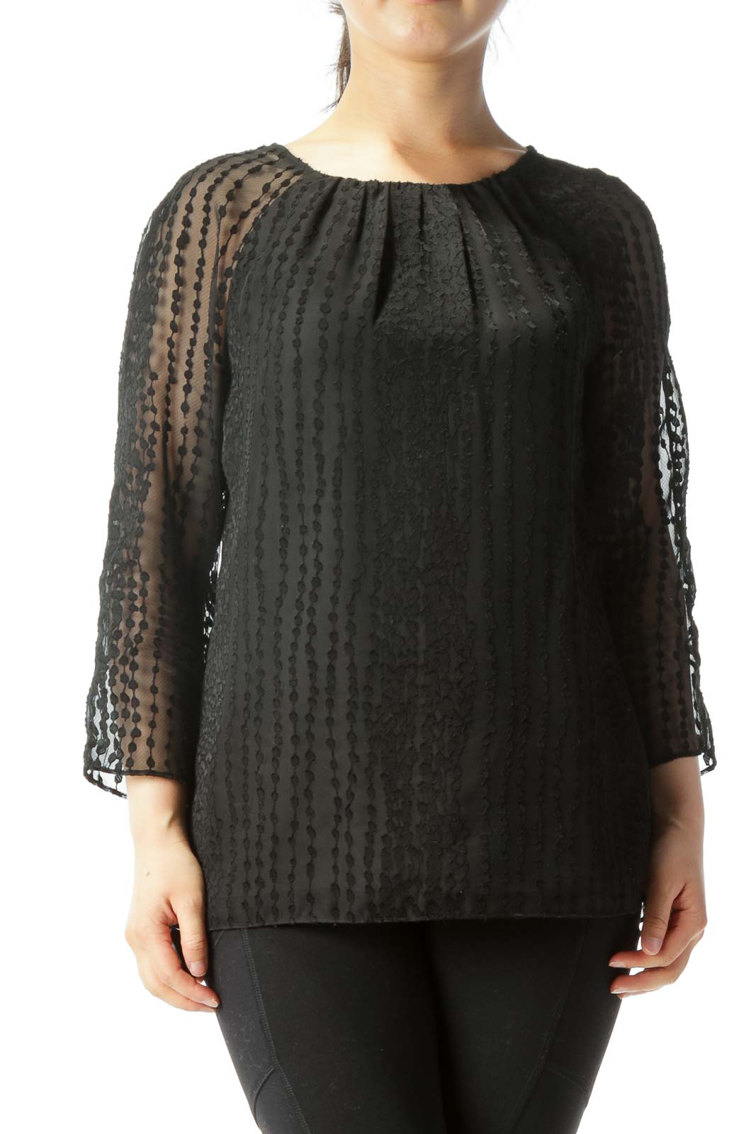 Black Translucent-Sleeve Lined Embossed-Pattern Blouse Front