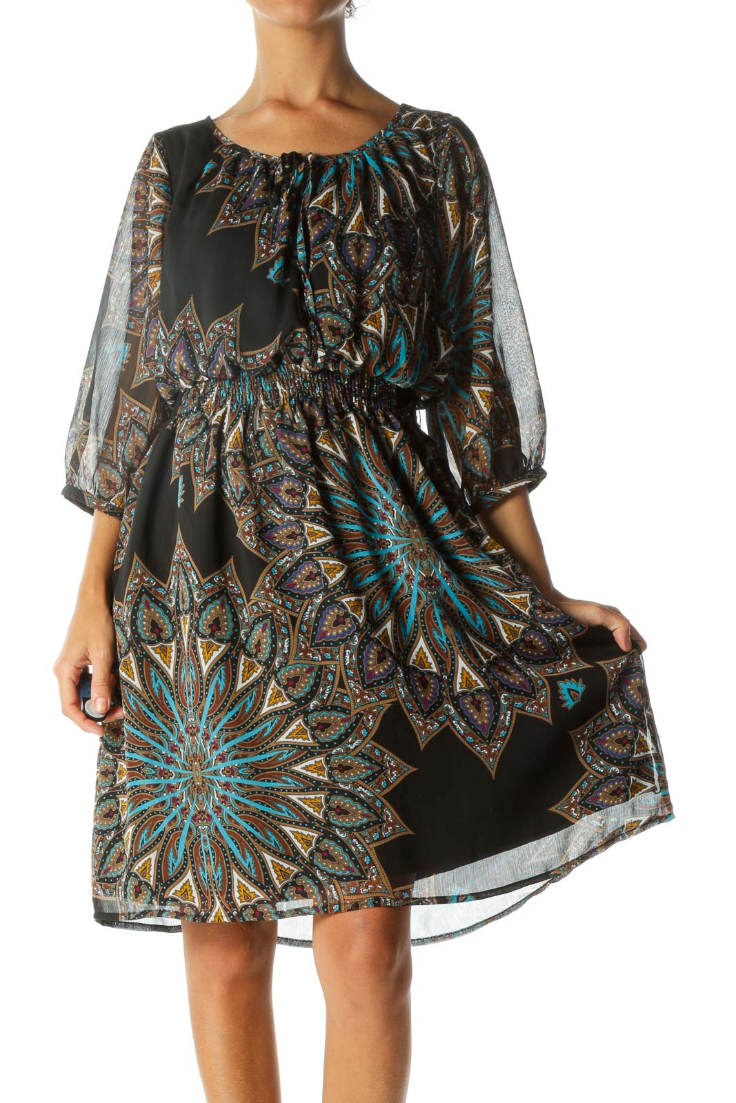 Multicolored Keyhole 3/4 Sleeve Elastic Waist Dress Front