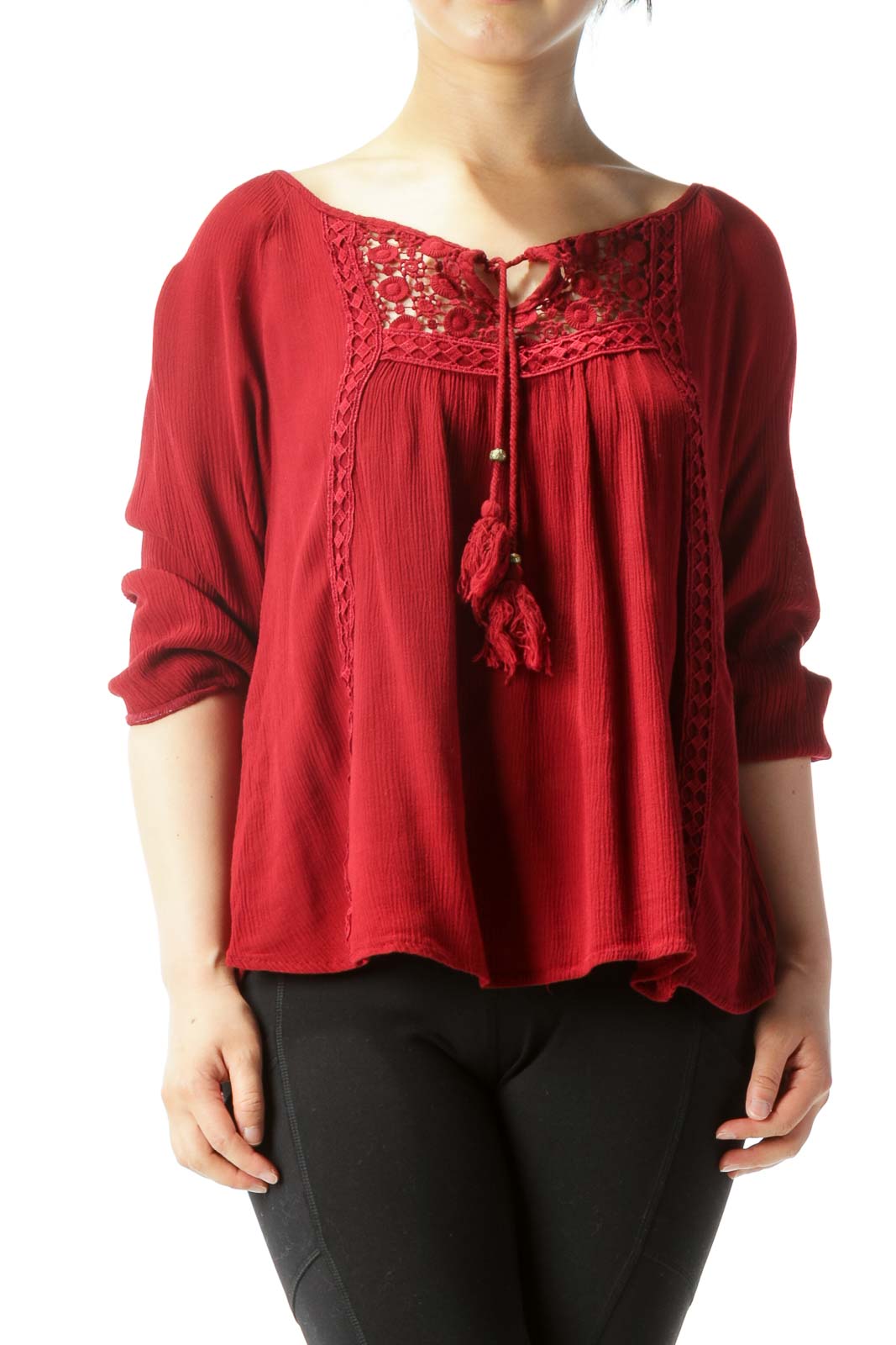 Burgundy Lace-Detailed Chest-Tie Long-Sleeve Blouse Front
