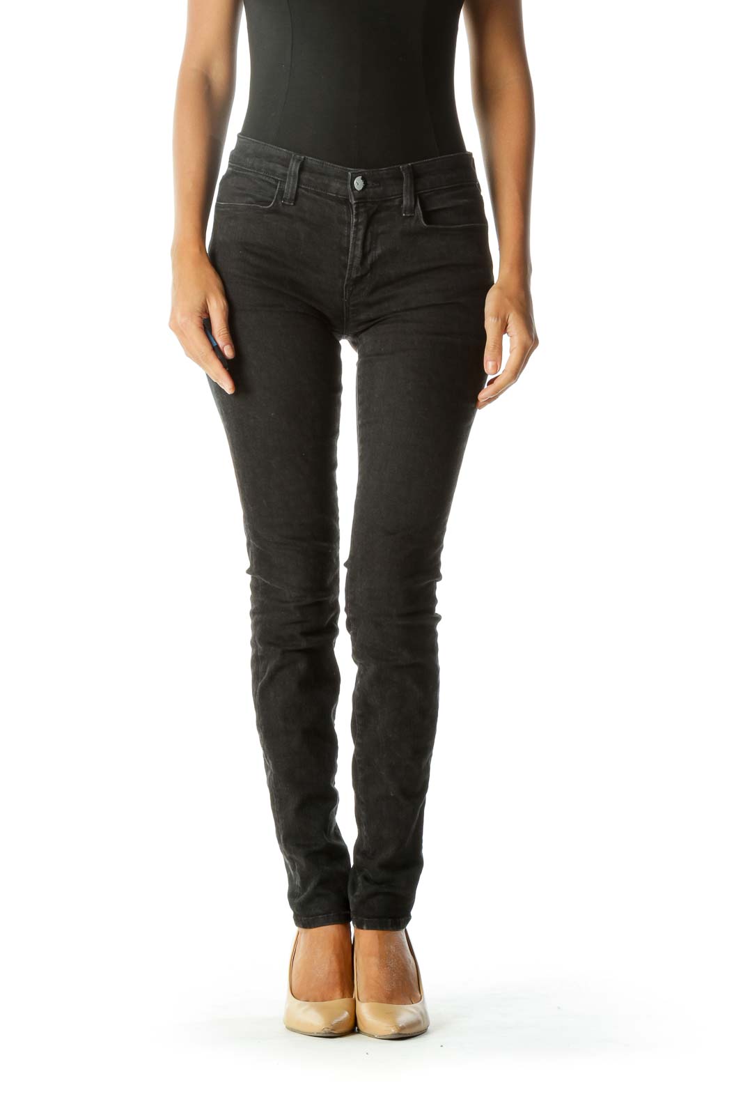 Black Leopard-Print Super Skinny Jeans with Silver Engraved Button Front