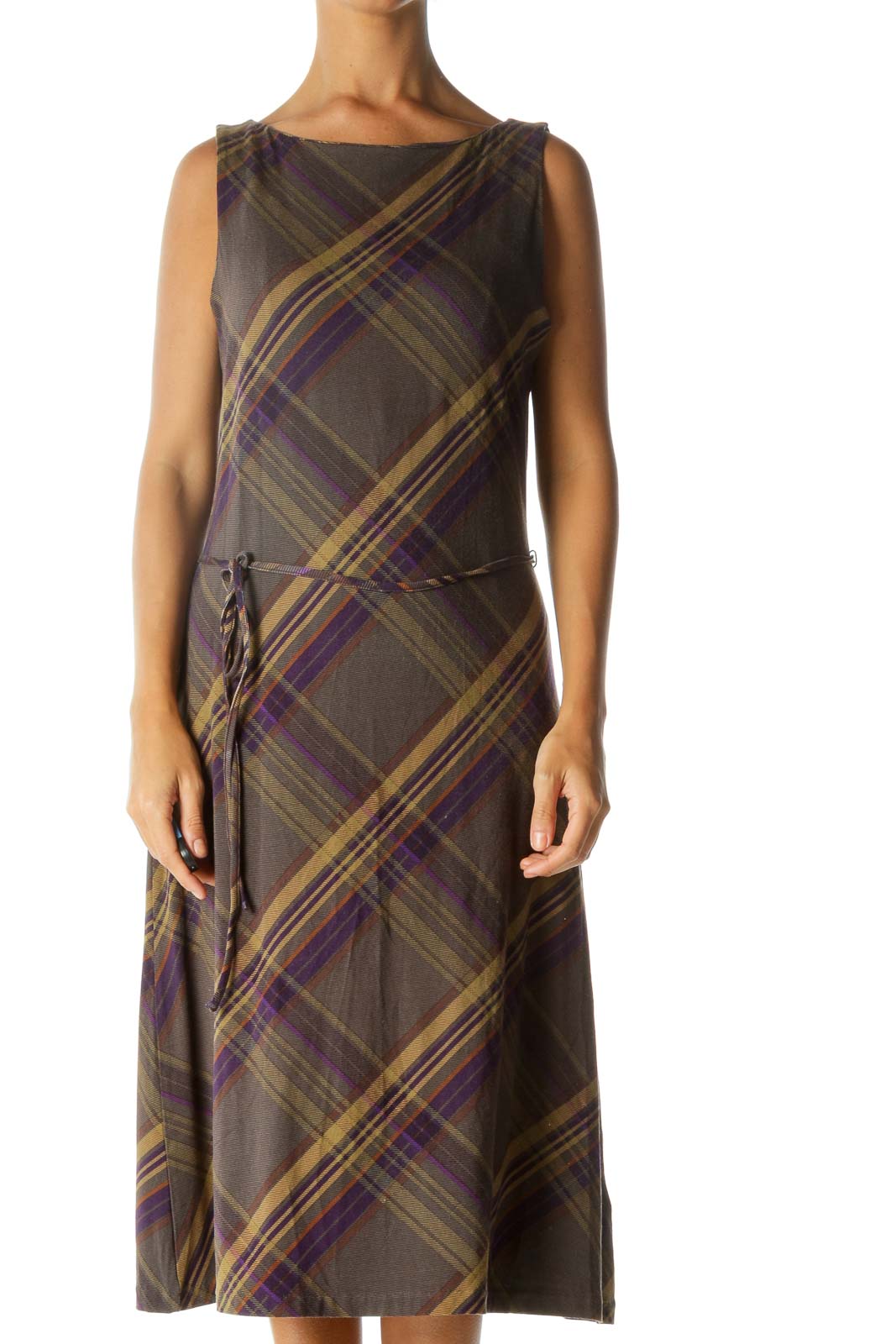Gray Purple Yellow Orange Plaid Boat Neck Belted Stretch Dress Front