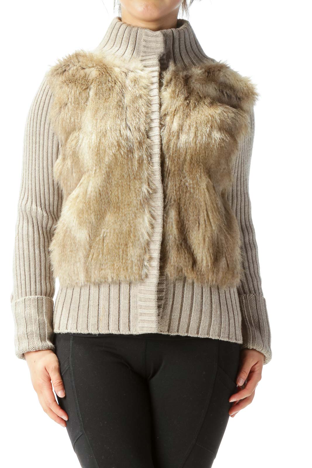 Beige Fur Ribbed Stretch Snap Buttons Long Sleeve Jacket Front