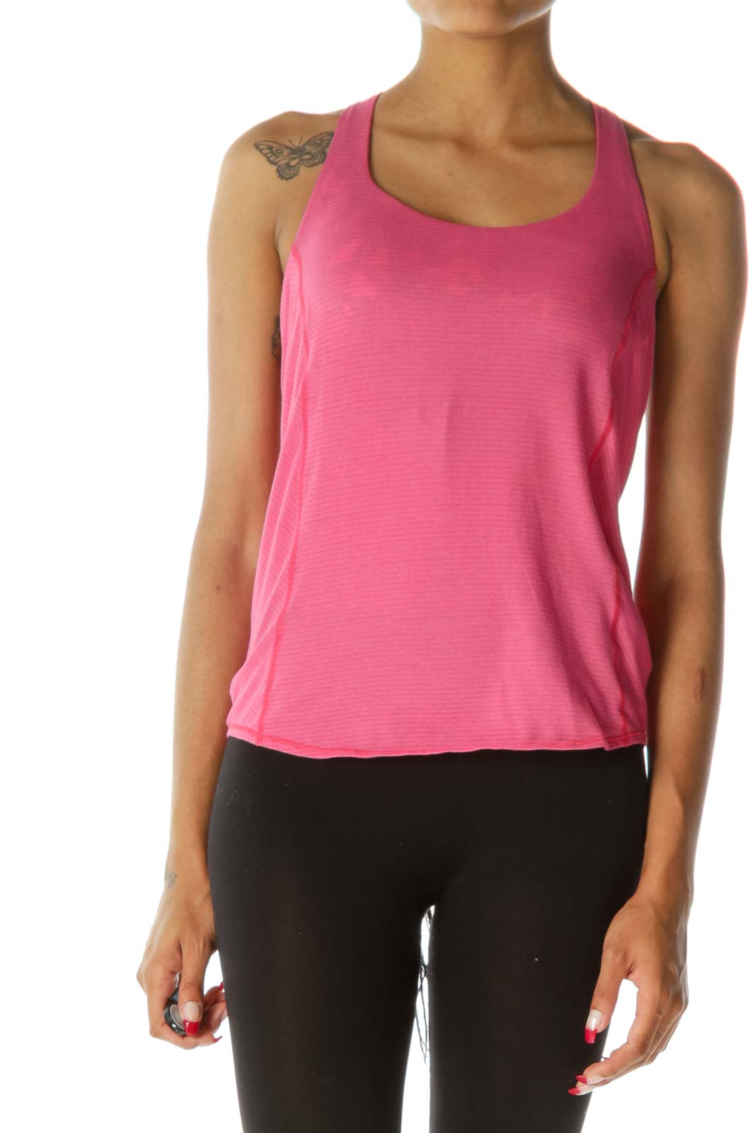 Pink Green White Built-In Floral Print Bra Back Cowl Sports Top Front