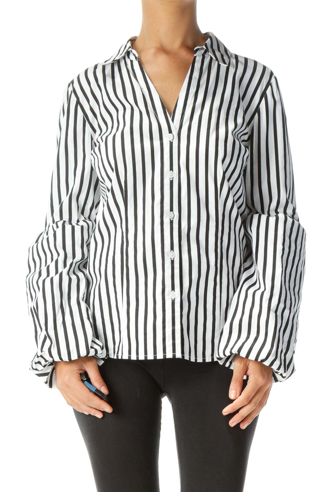 White Black Striped Shirt with Sleeve Detail Front