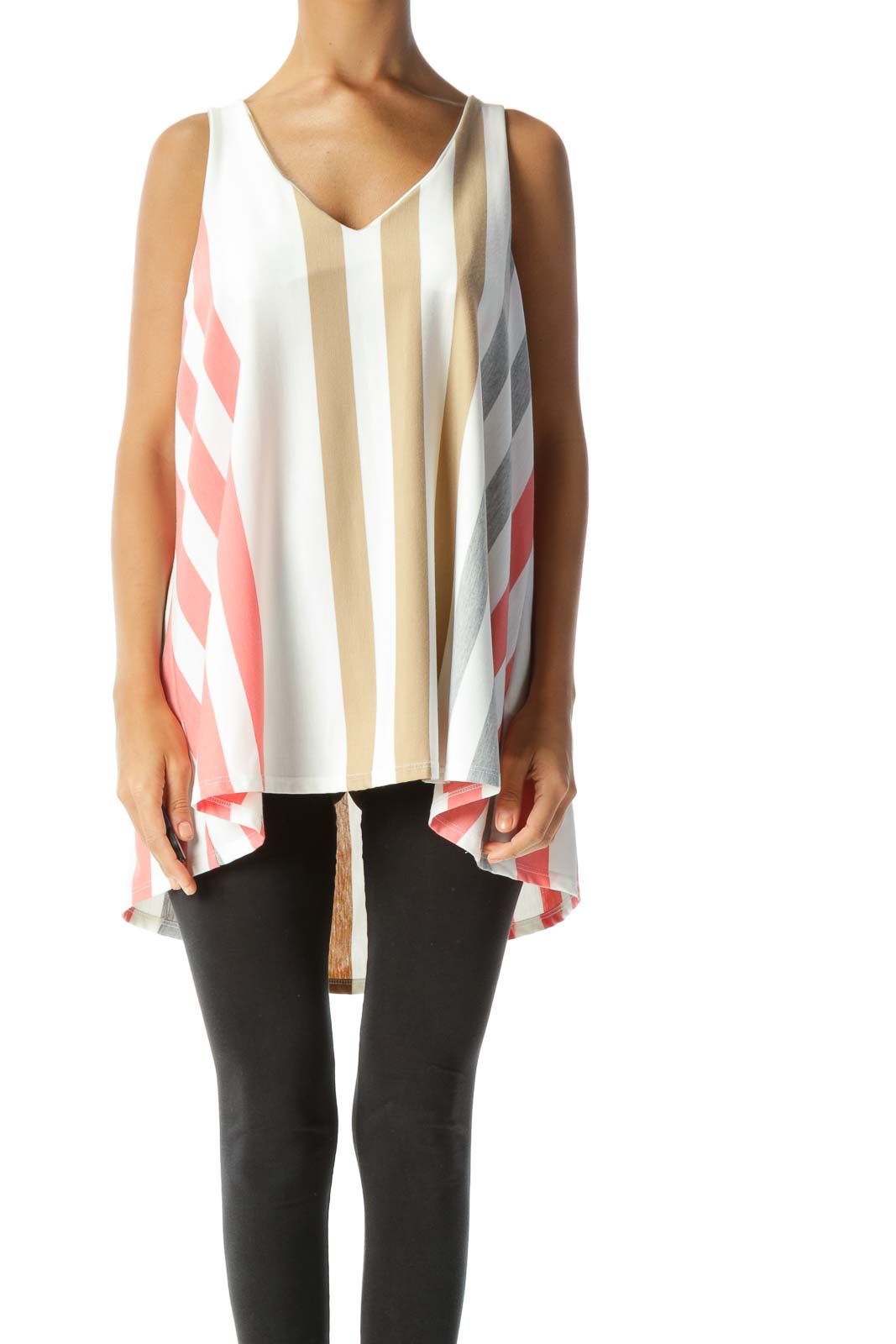 Beige Pink Striped Sleeveless Top Front