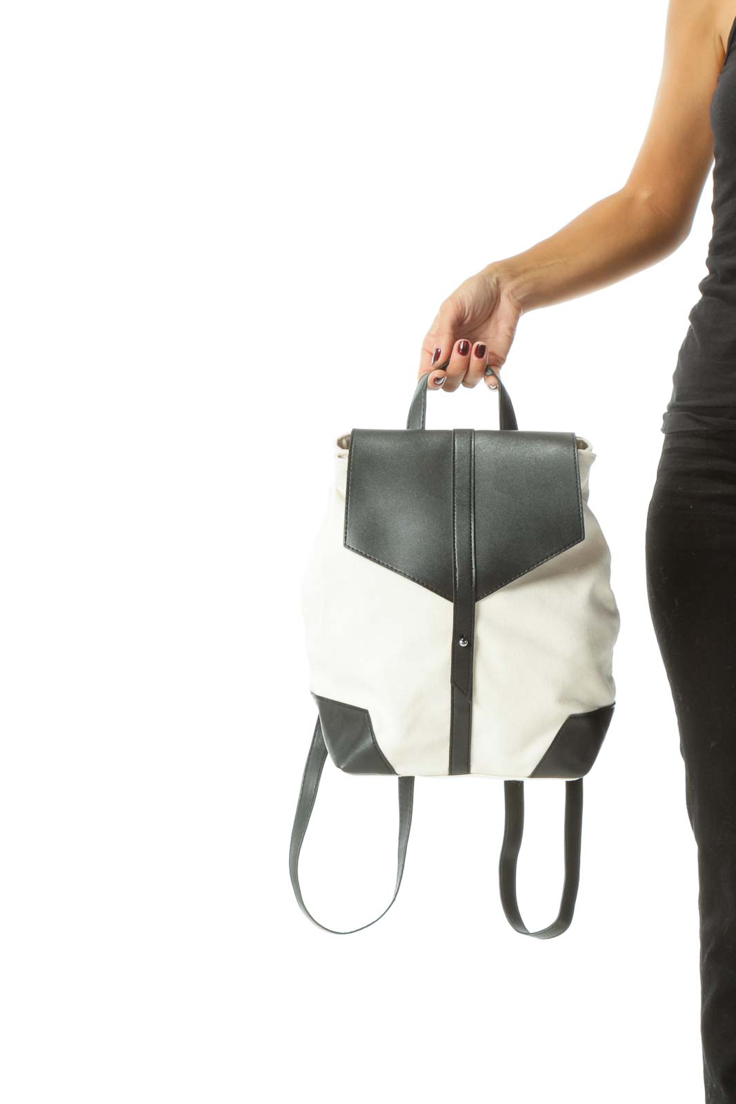 Deux Lux - Cream Black Vegan Leather and Knit Material Backpack Vegan  Leather