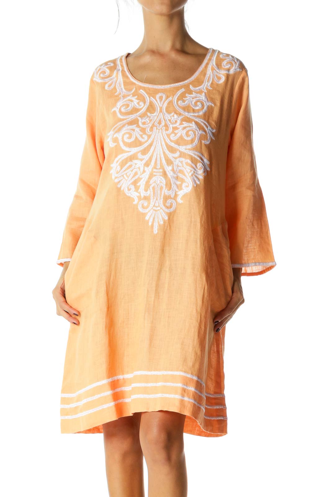 Orange Round Neck Embroidered Long Sleeve Day Dress Front