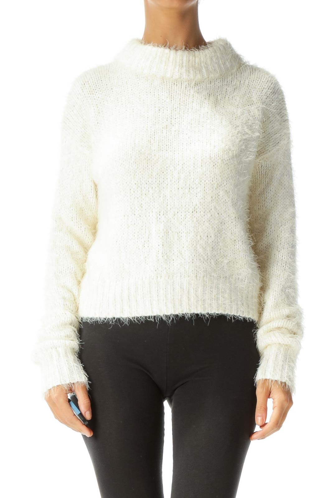 Cream Fuzzy Cable Knit Sweater Front