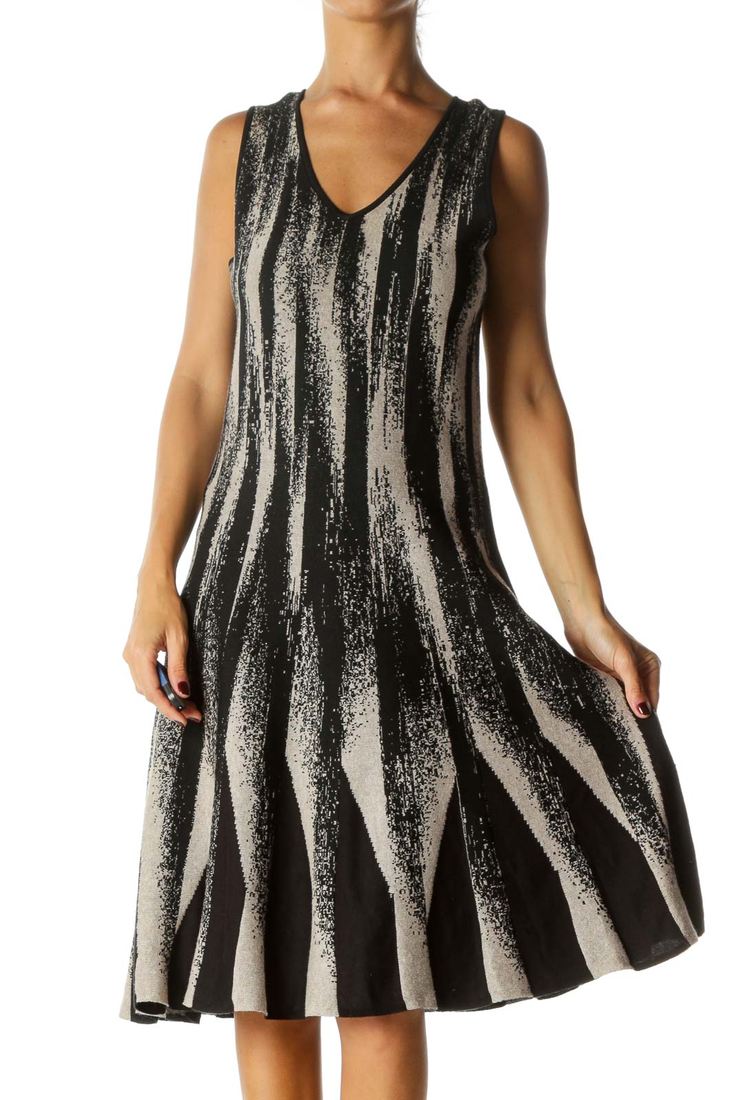 Black Beige Silver Thread V-Neck Knit Textured Flared Dress Front