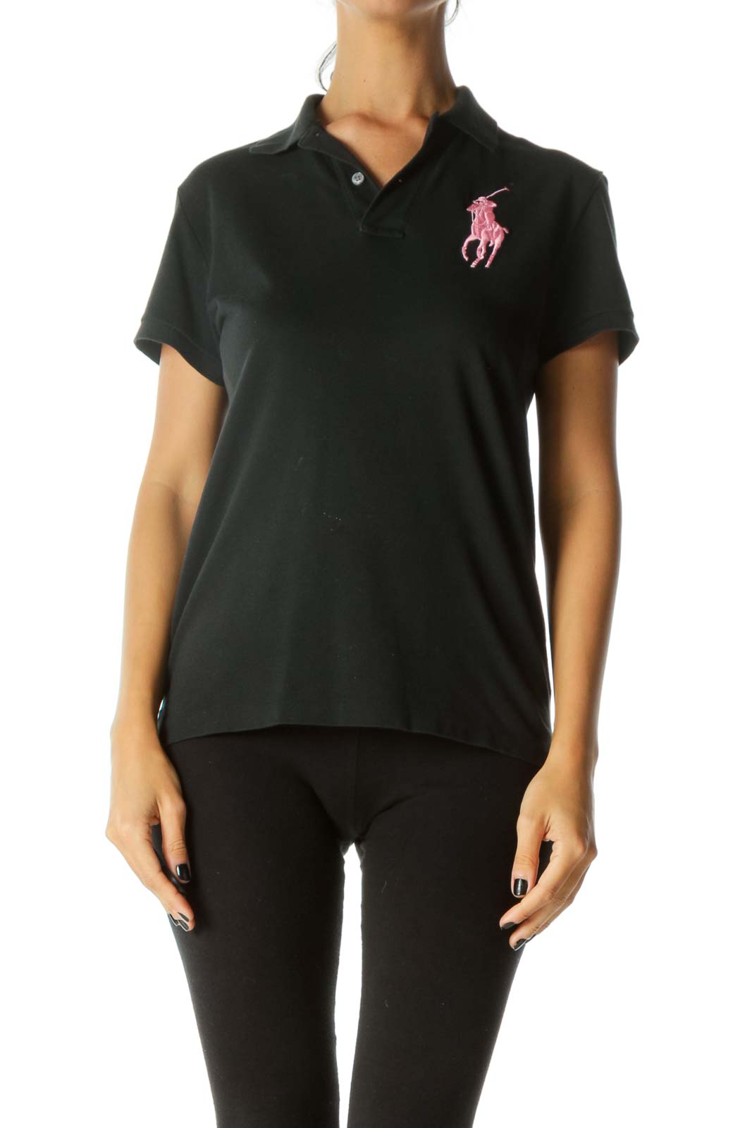 Black Pink Logo Embroidery Pima Cotton Polo Shirt Front