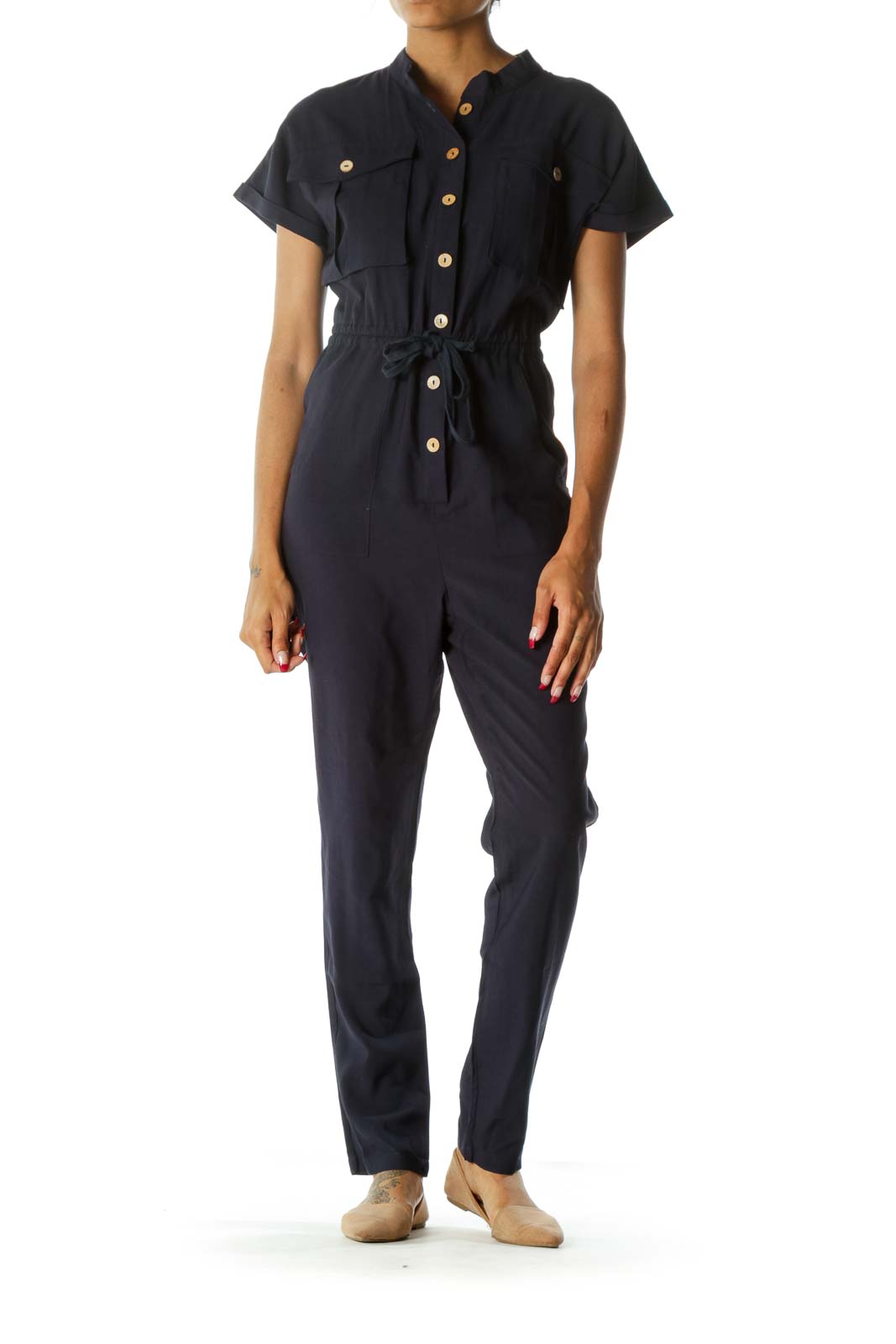 SilkRoll - Navy Blue Breast-Pockets Short Sleeves Drawstring Jumpsuit ...