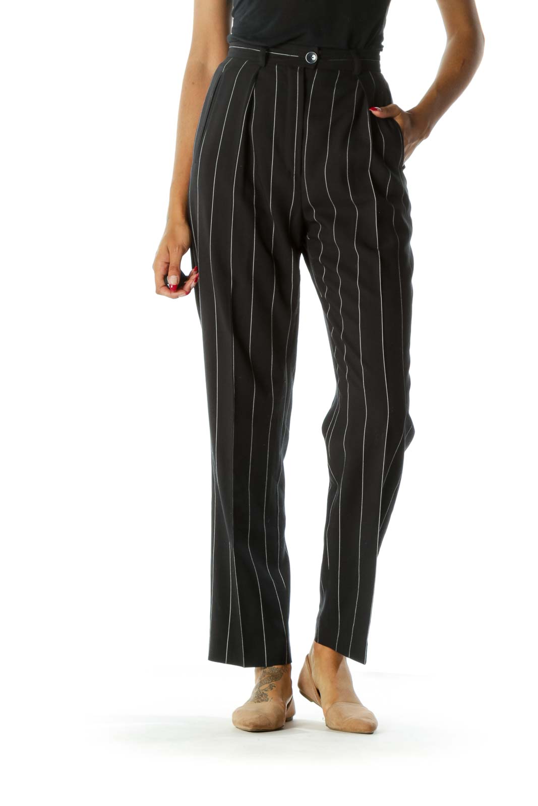 Navy & White Pinstripe 100% Pure Wool Designer High-Waisted Pants Front