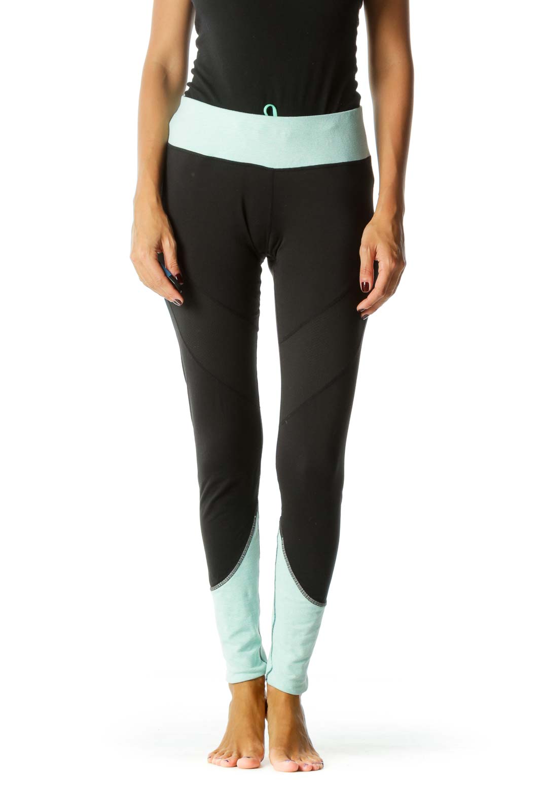 Black and Teal Color Blocked Leggings Front