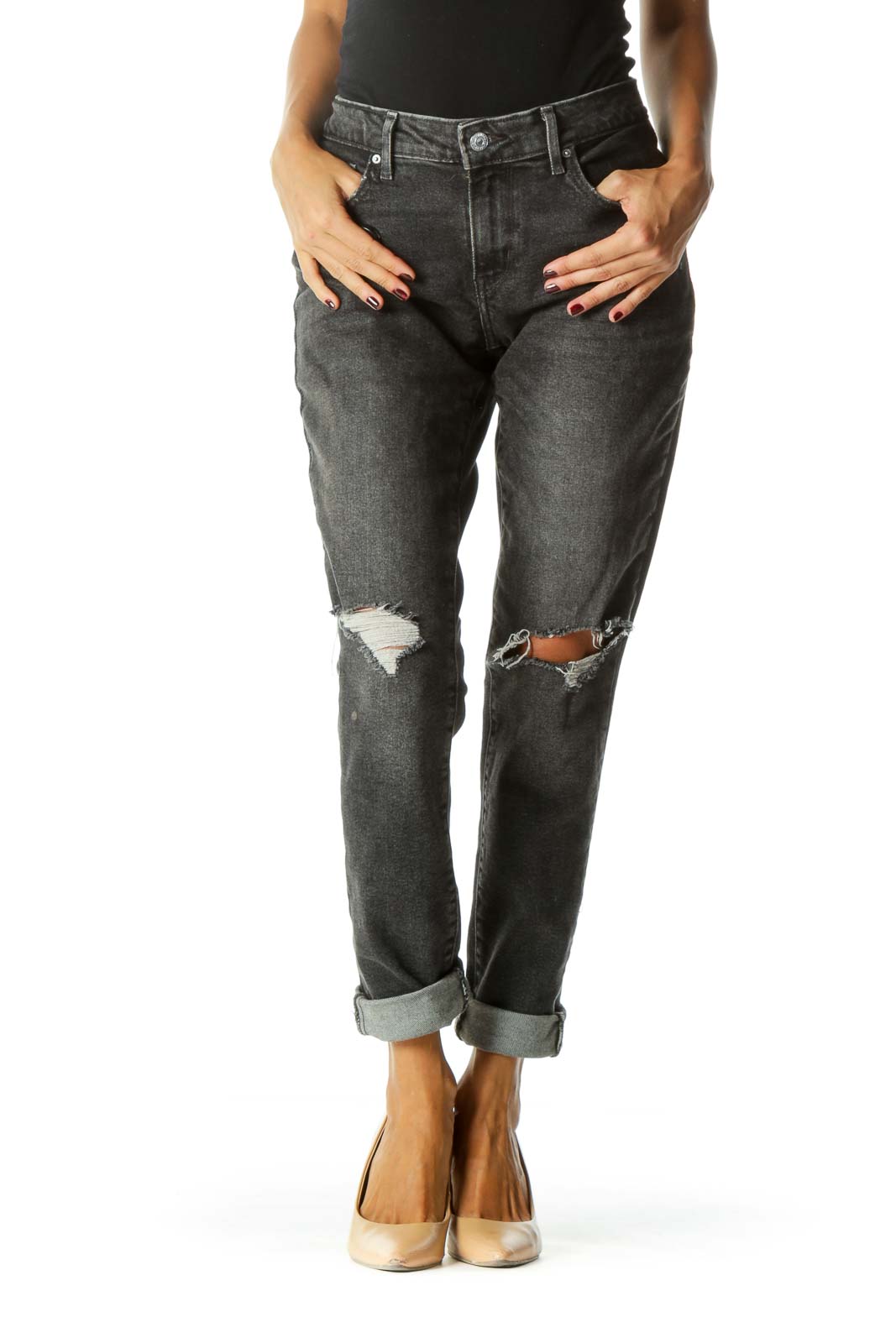 Black Distressed Mid-Rise Skinny Jeans Front