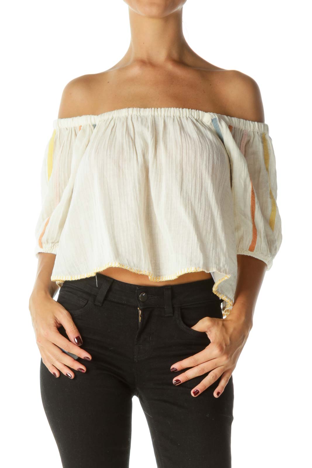 Cream Multicolored-Knit-Appliques and Trim Embroidery 100% Cotton Cold Shoulder Top Front