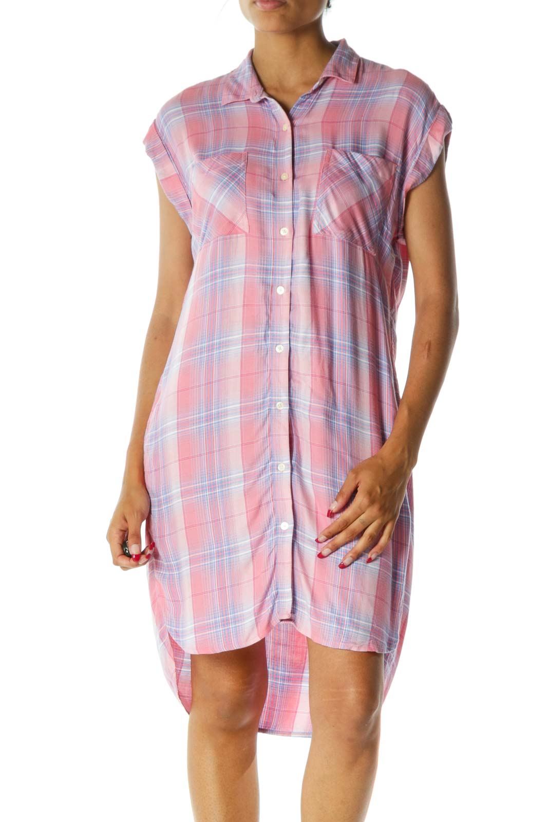 Pink Blue White Plaid Buttoned Hip Pockets Down Short Sleeve Soft Dress Front