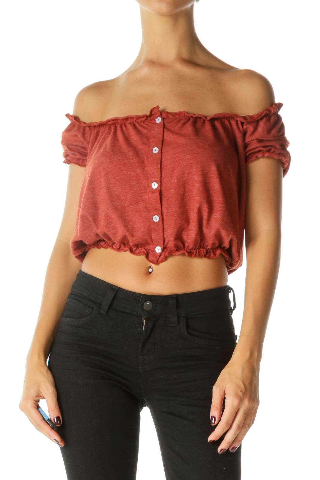 Burnt Orange Ruffle Detailing Buttoned Stretch Crop Top Front