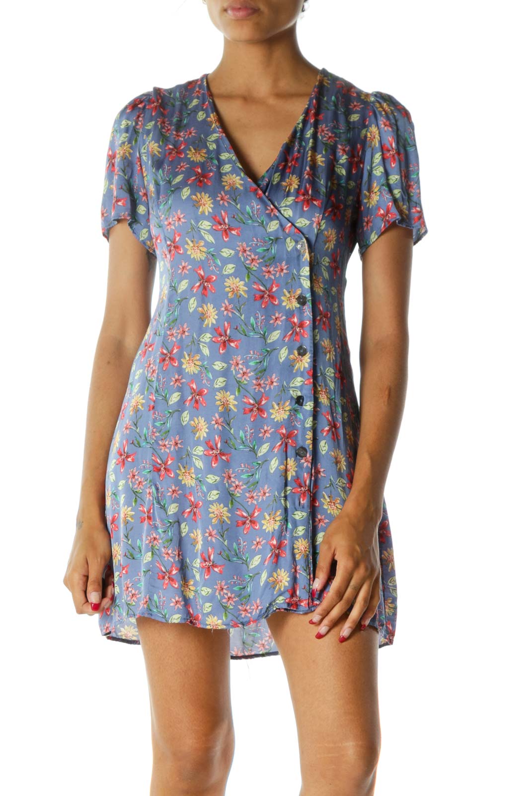 Blue Red Yellow Floral Print Deep V-Neck Buttoned Short Sleeve Day Dress Front