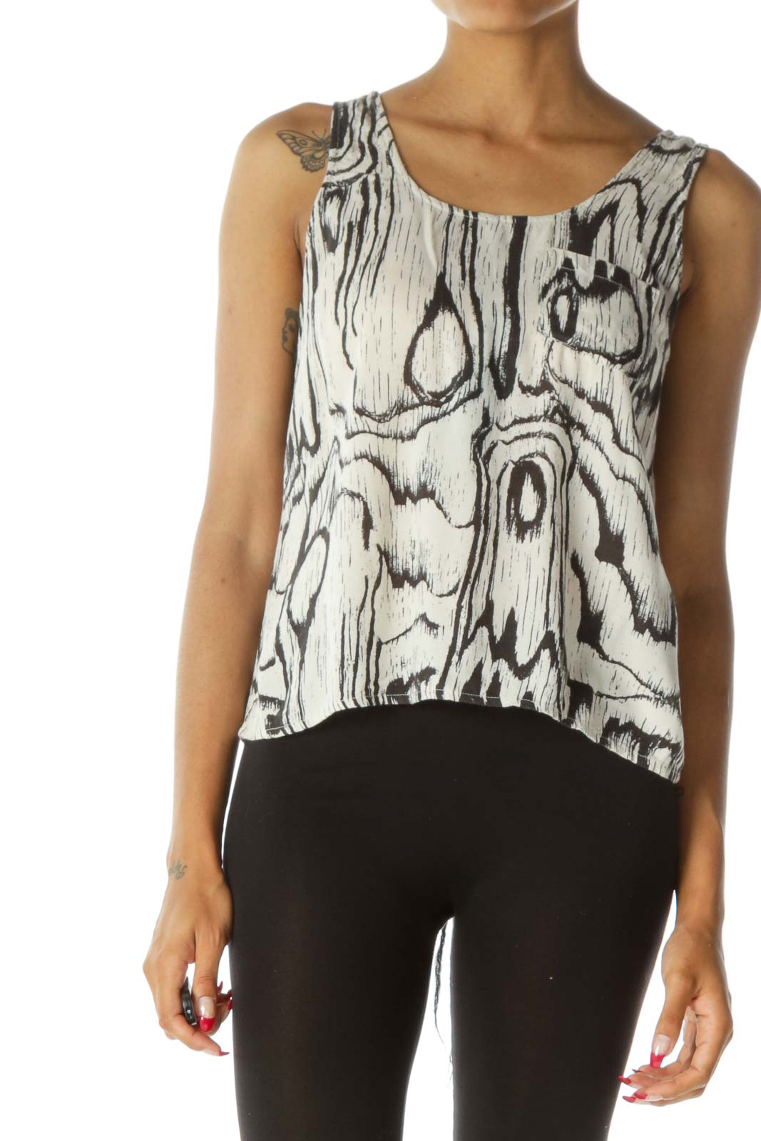 Black Cream Wood Pattern Print Pocketed Tank Top Front