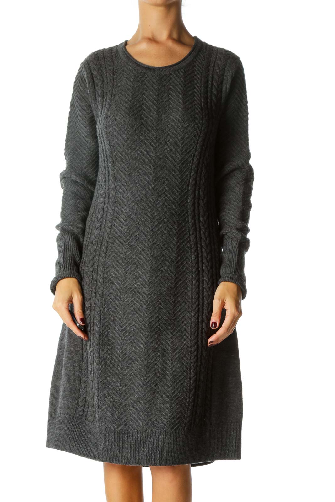 Gray Round Neck Merino Wool Long Sleeve Knit Dress Front