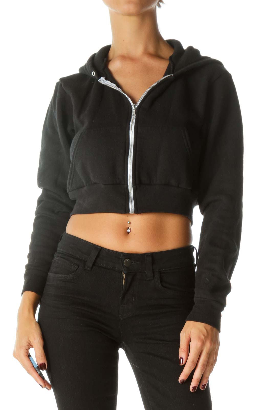 Black Hooded Zippered Crop Sweat Jacket Front
