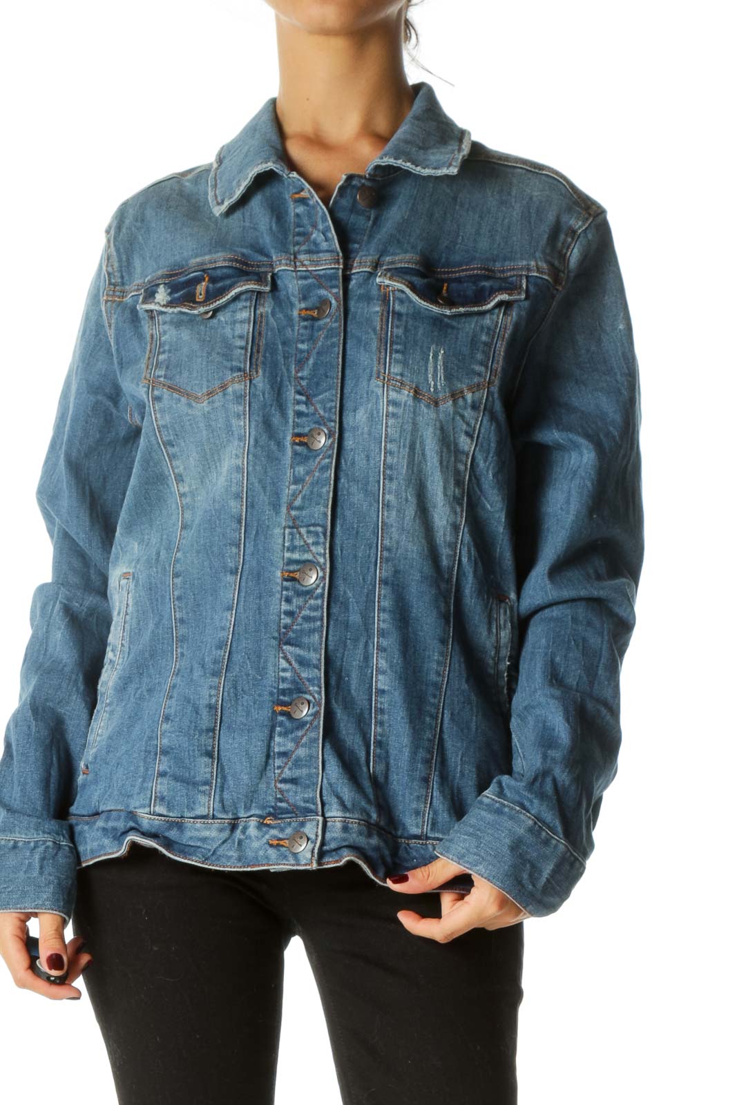 Blue Medium Wash Distressed Long Sleeve Stretch Denim Jacket Front