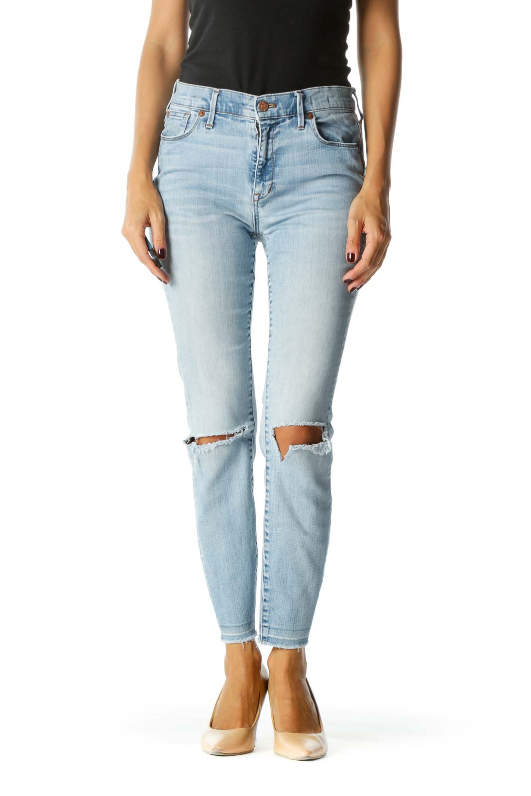 Madewell - Light Blue Distressed High-Waisted Skinny Jeans Polyester2 ...