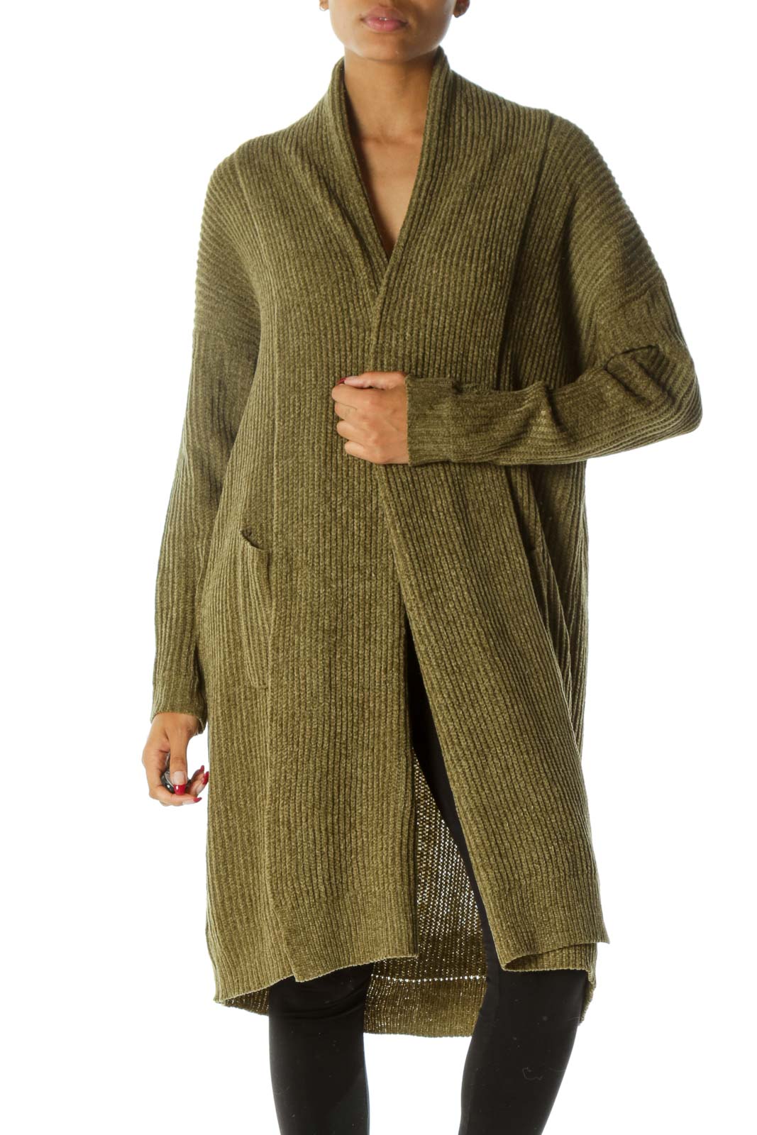 Green Ribbed Knit Open Pocketed Long Sleeve Chunky Cardigan Front