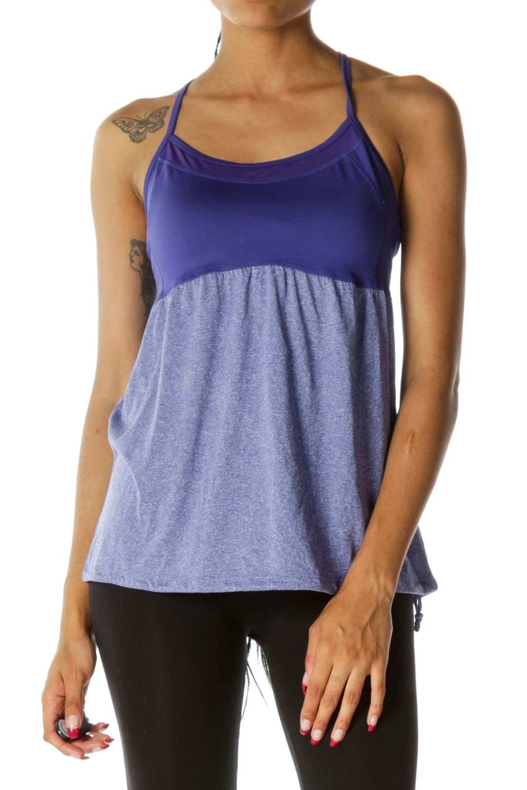 Purple Mottled Print Racerback Sports Top with Built-In Bra Front