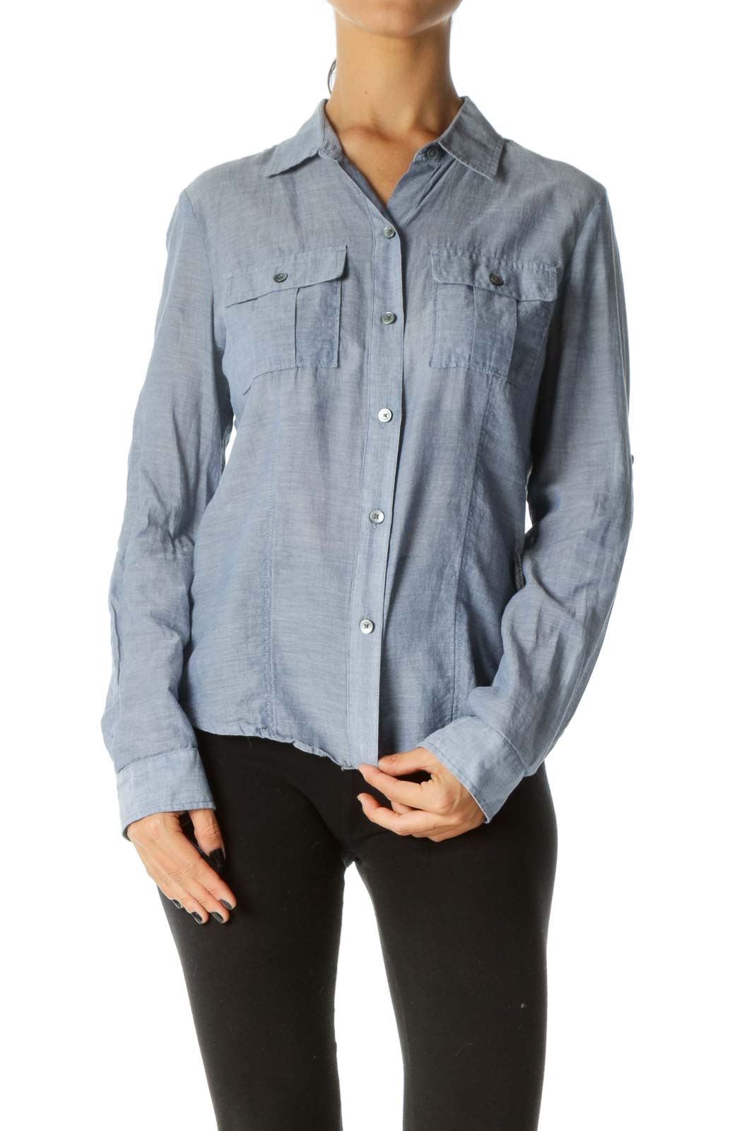 Blue 100% Cotton Breast Pockets Long Sleeve Light Shirt Front