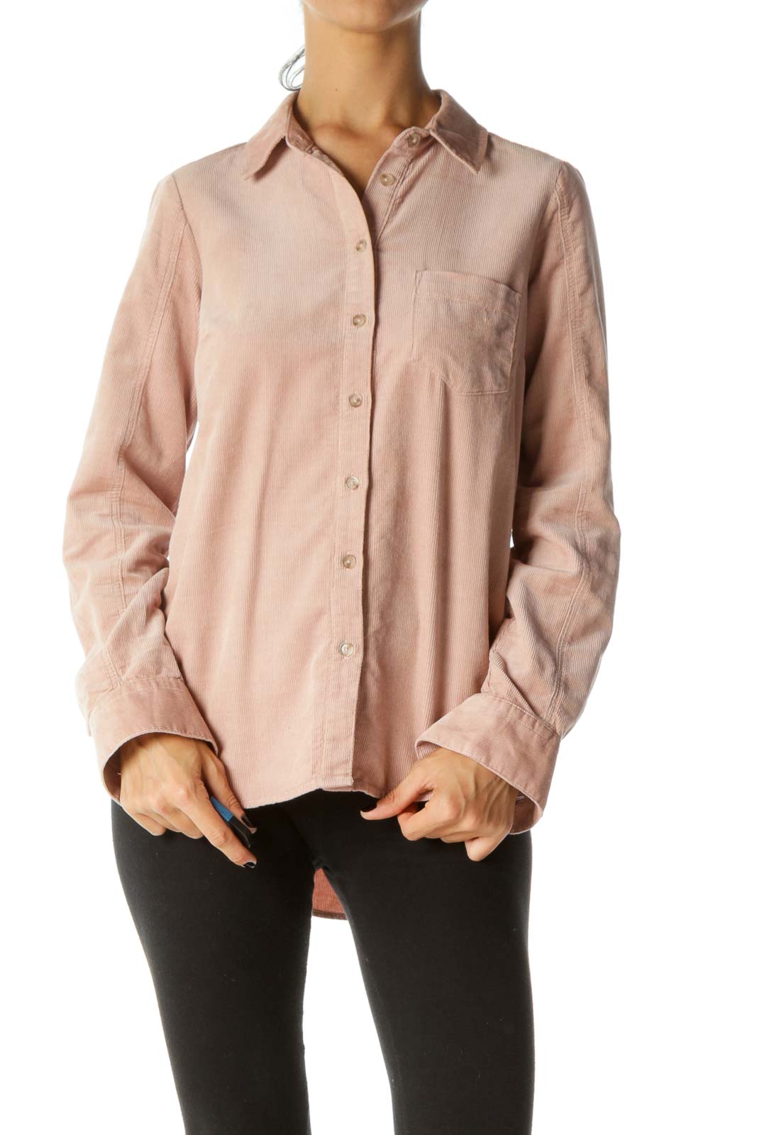 Light Pink Corduroy Buttoned Collared Long Sleeve Shirt Front