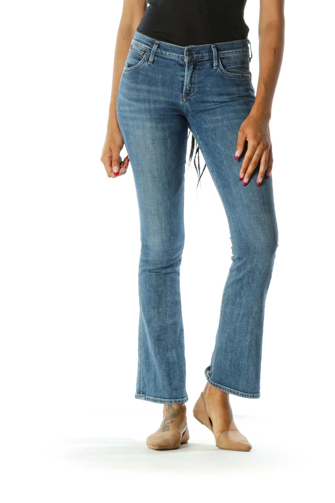 Blue Medium Wash Mid-Rise Flared Jeans Front