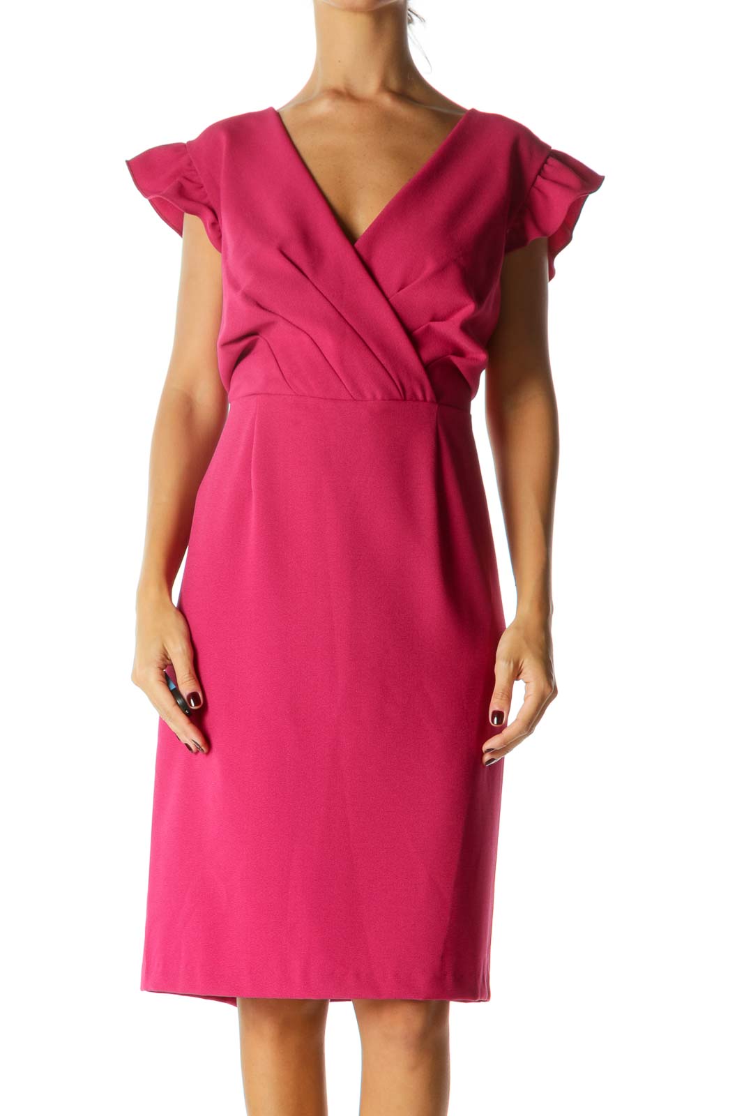 Magenta Pink Flared Sleeves V-Neck Pleated Cocktail Dress Front