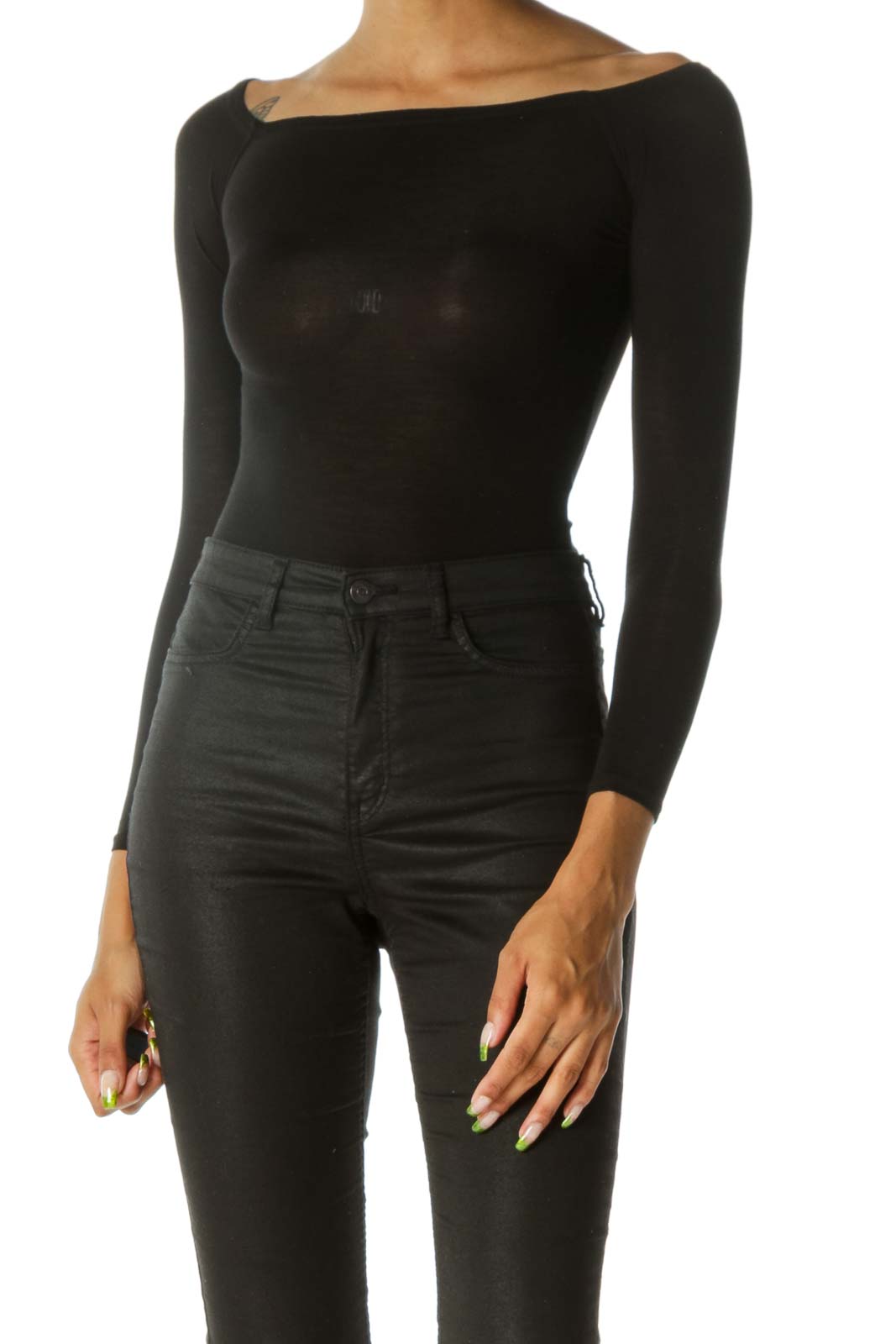 Black Cold Shoulder Jersey-Knit Stretch Bodysuit Front