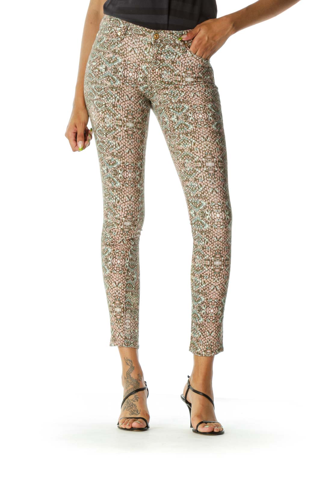 Beige Pink Green Snake Print Tapered Pants Front