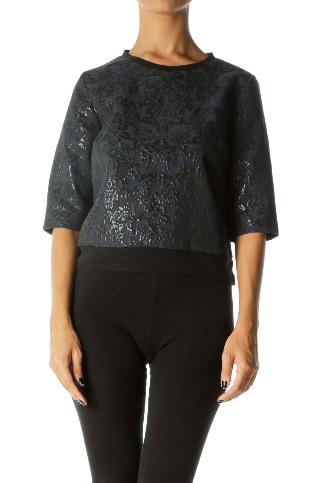 Black Blue Shiny Jacquard 3/4 Sleeve Textured Top Front