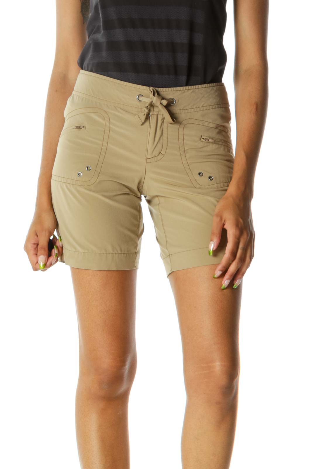 Brown Front Knot Zippered Pockets Stretch Shorts Front