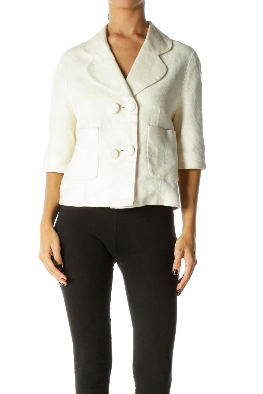 Cream Buttoned Pocketed Linen Silk 3/4 Sleeve Knit Blazer Front