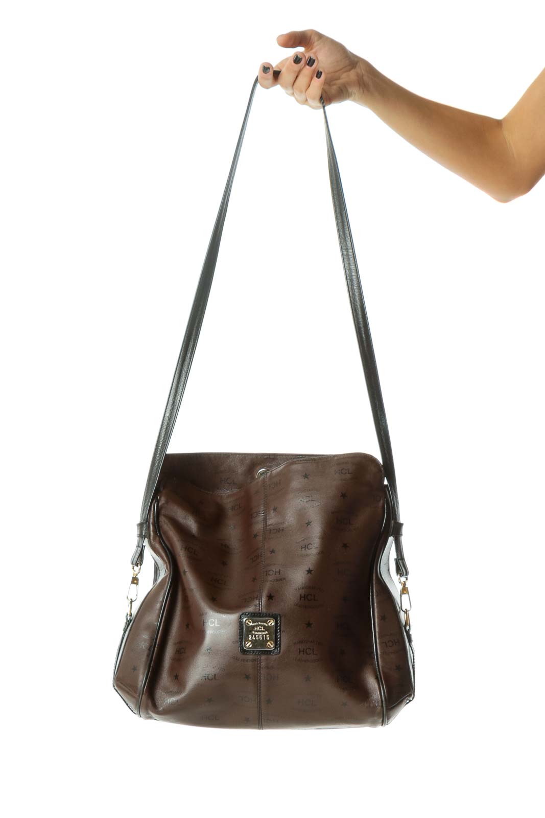 Brown Black Gold Hardware Brand Printing Leather Crossbody Bag Front