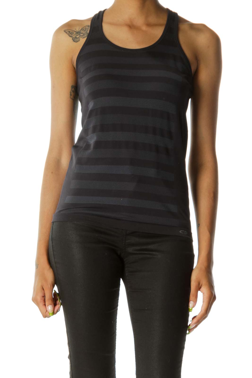 Black & Gray Thick-Striped Racer-Back Yoga Tank Front