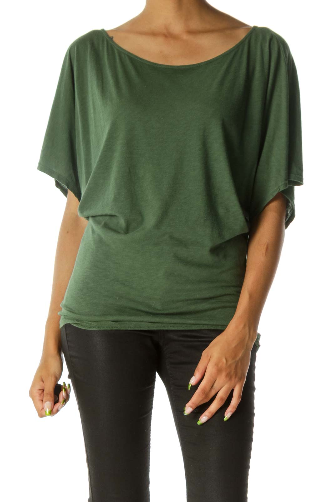 Green Over-Sized Boat-Neck Knit Tee Front