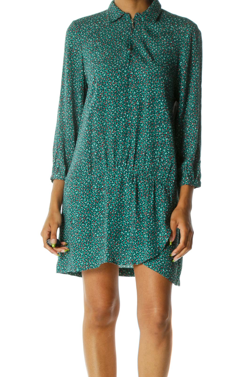 Zara - Green Blue Red White Print Zippered Long Sleeve Dress Unknown | SilkRoll