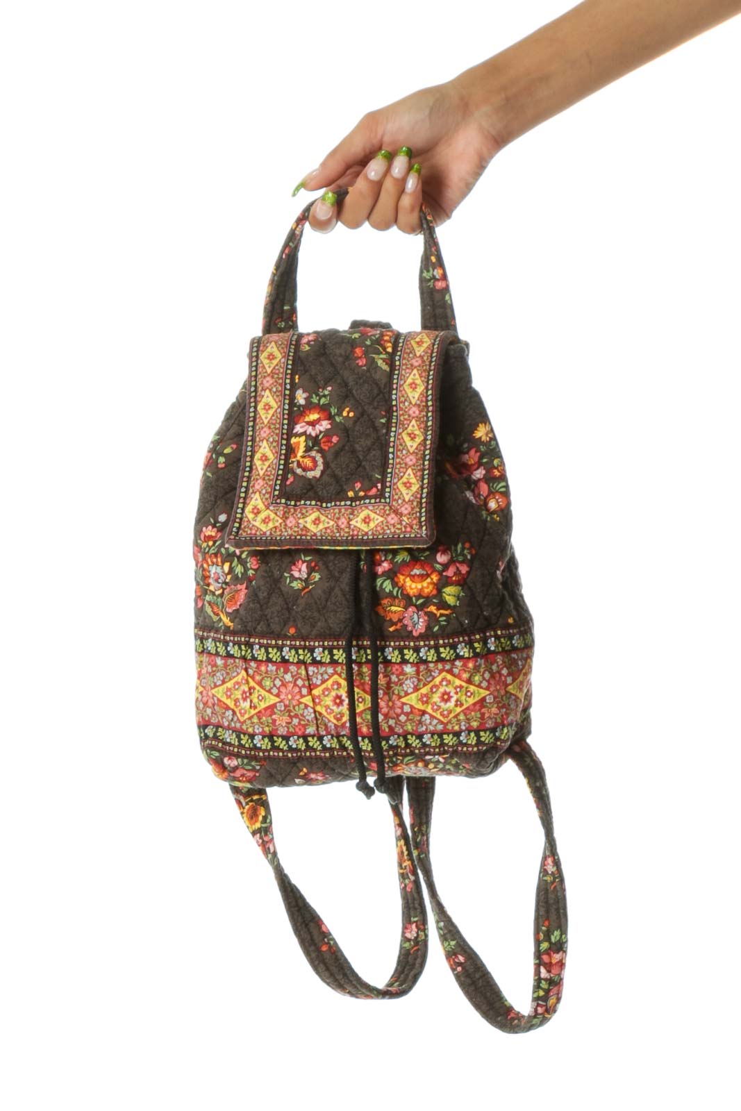 Brown Black Red Yellow Floral Print Quilted Backpack Front