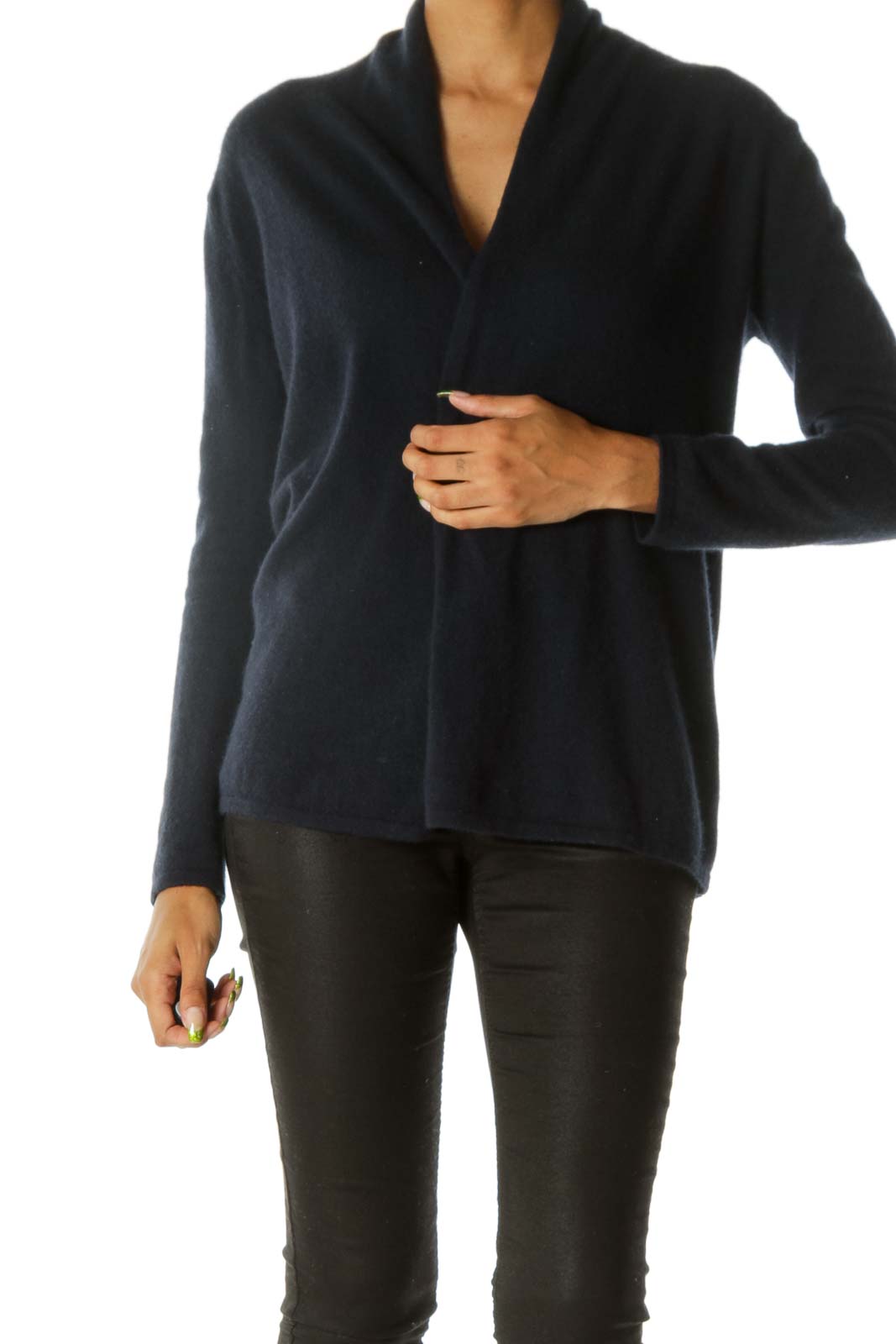 Navy Blue 100% Cashmere Open Knit Soft Cardigan Front