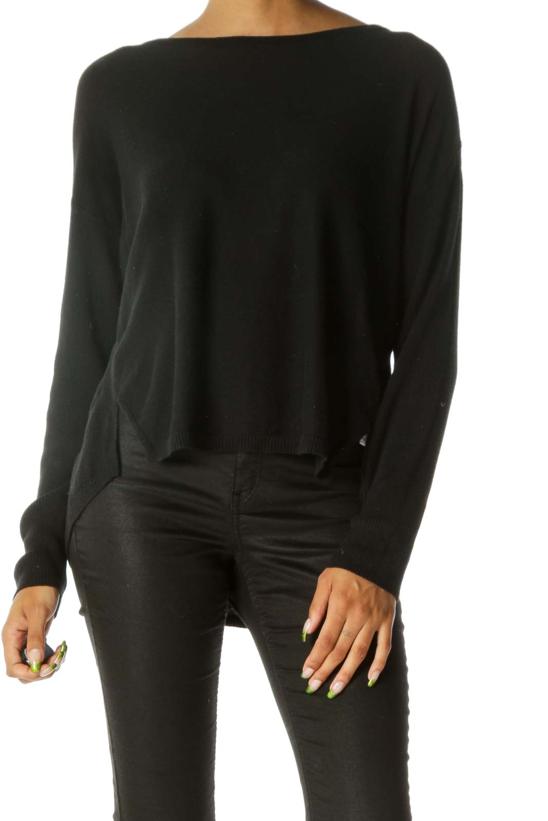 Black Hi-Lo Thermal-Sleeve Sweater Front