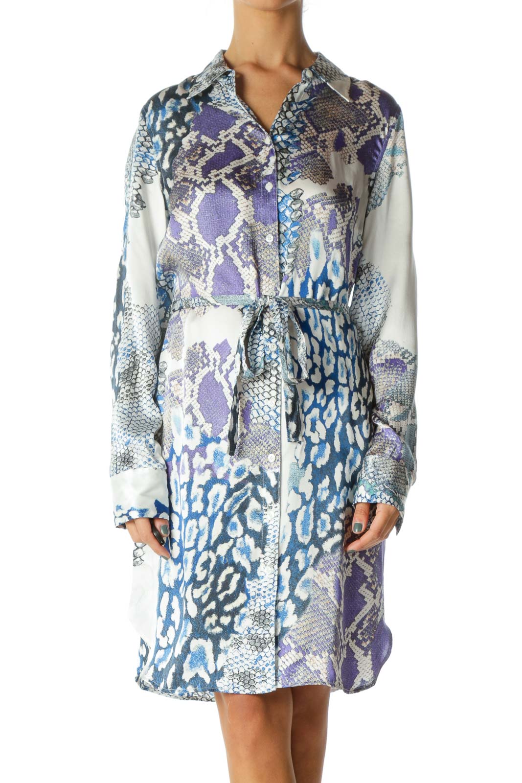Blue White & Green Snake Print 100% Silk Long-Sleeve Button-Down Waist-Tie Dress Front