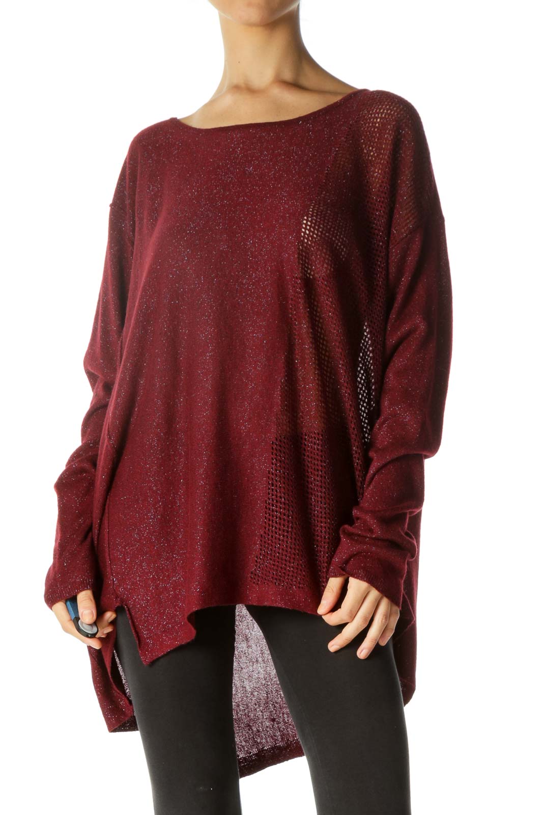 Burgundy Black Silver Round Neck Soft See-Through Knit Top Front