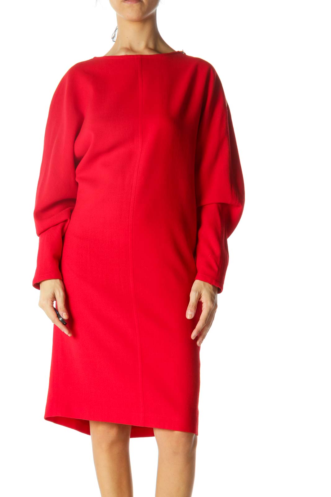 Red Wool Should Zip Slim Dress Front